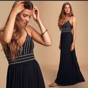 Lulus Glamorous Gala Embroidered Pleated Maxi Dress Black